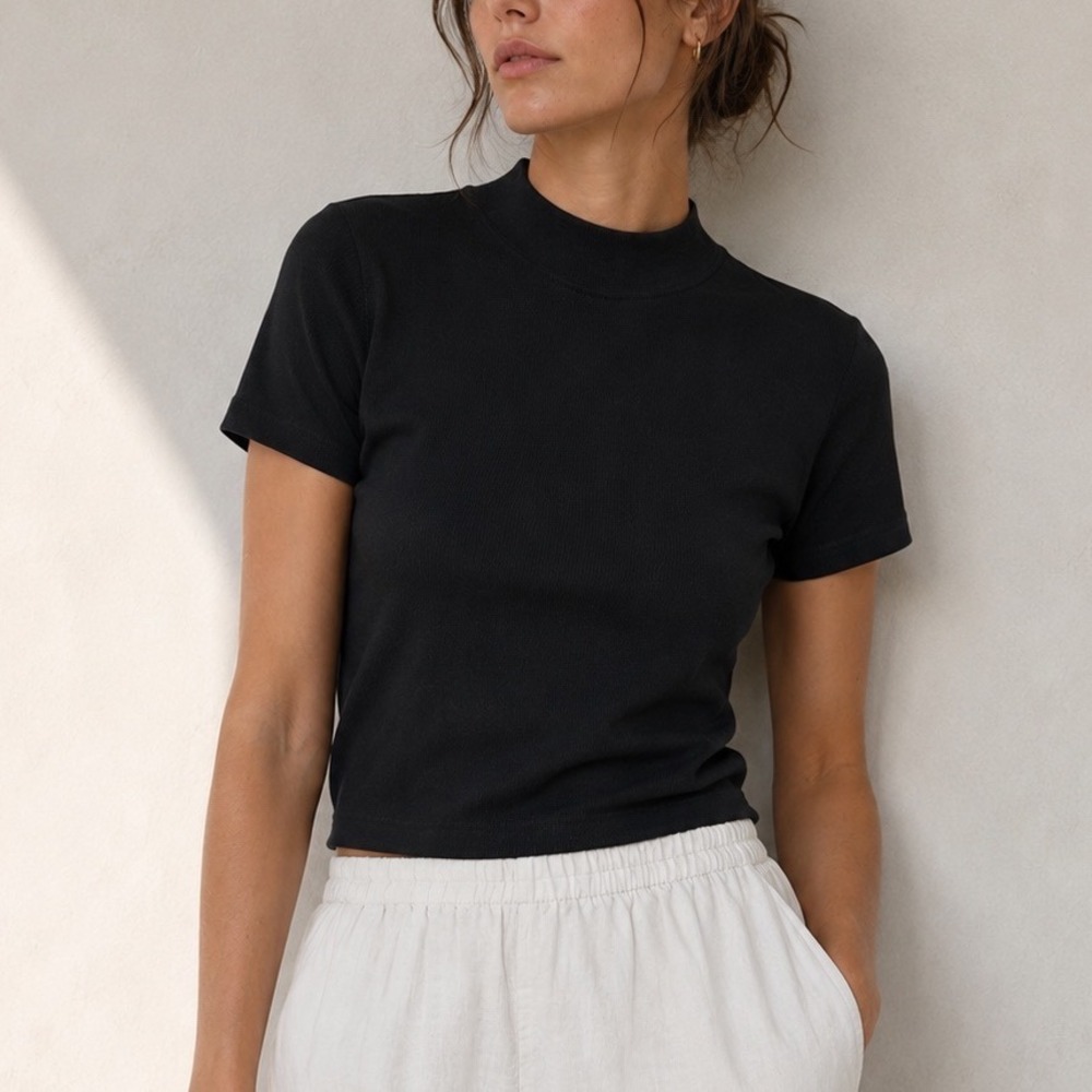 Leset Kelly Slim Tee Womens XS Black Mock Neck Fitted Minimalist Basic Top